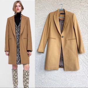 ZARA WOMAN Camel Tan Masculine Wool Coat Lapel Wool Trench Coat Sz XS